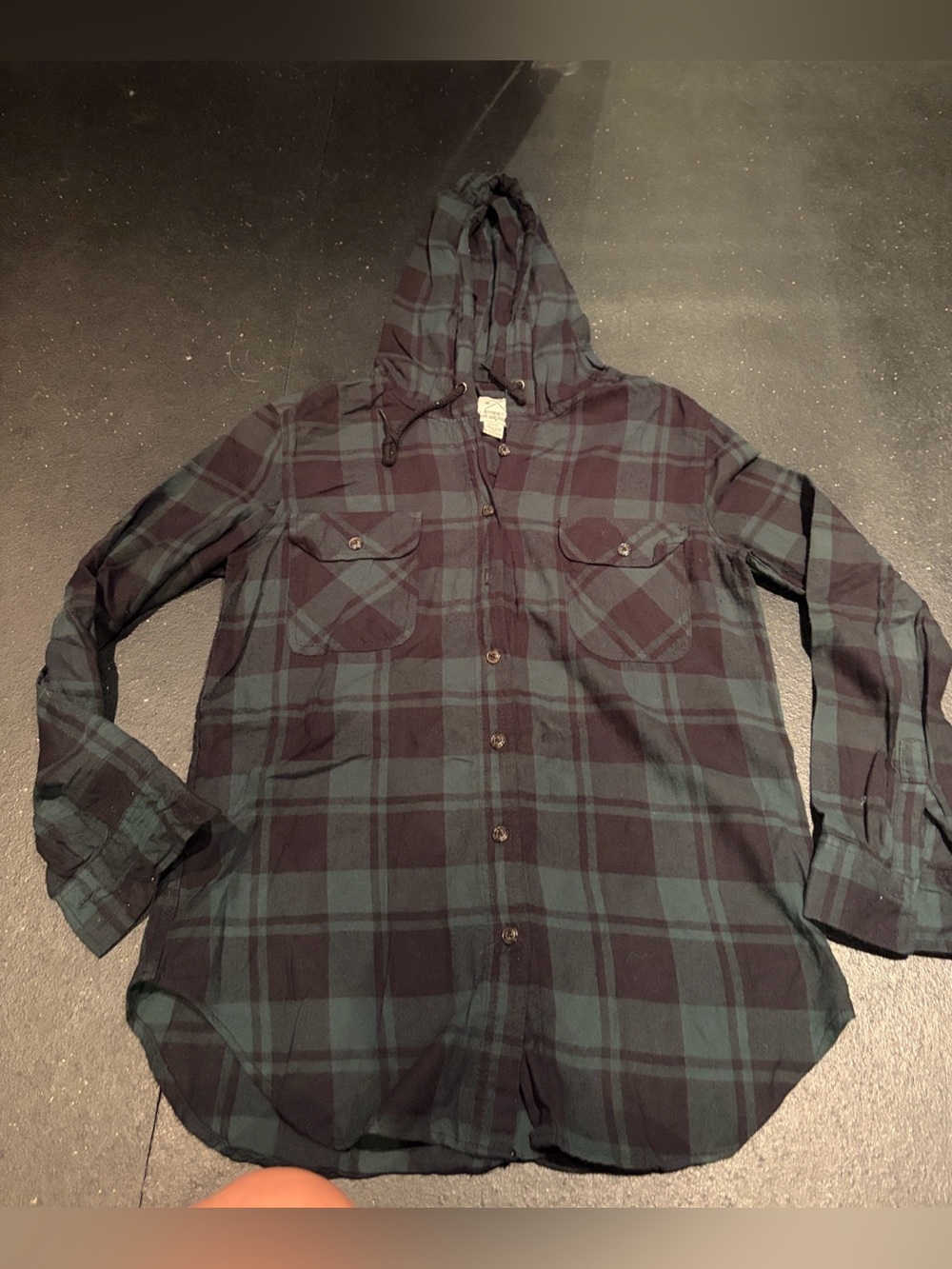Streetwear Society Women's Hooded Plaid Button-Down Shirt - Black and Dark Green
